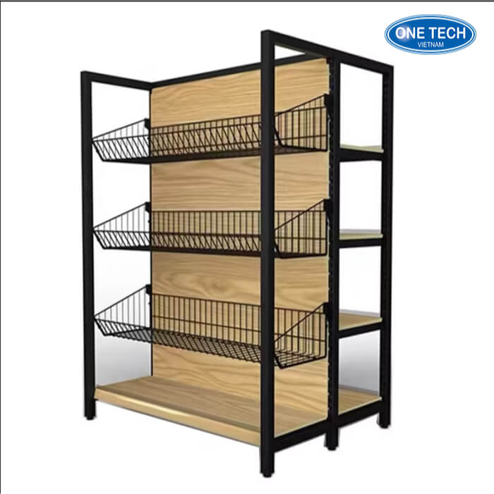Kệ khung sắt mâm gỗ kết hợp giỏ mì