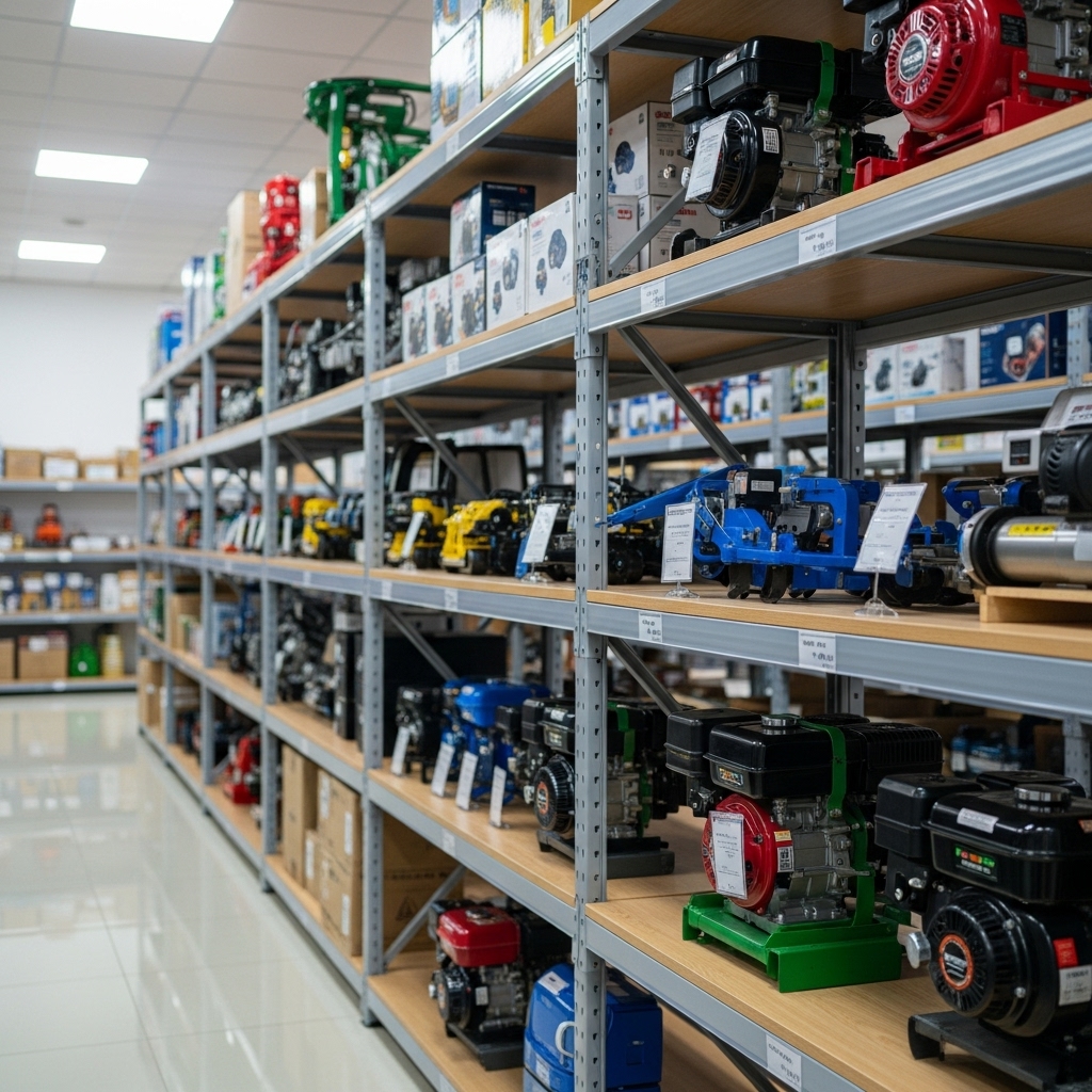 Tổng quan hệ thống kệ trưng bày máy móc tại An Giang Không gian trưng bày máy móc gọn gàng với hệ kệ chịu lực tại An Giang