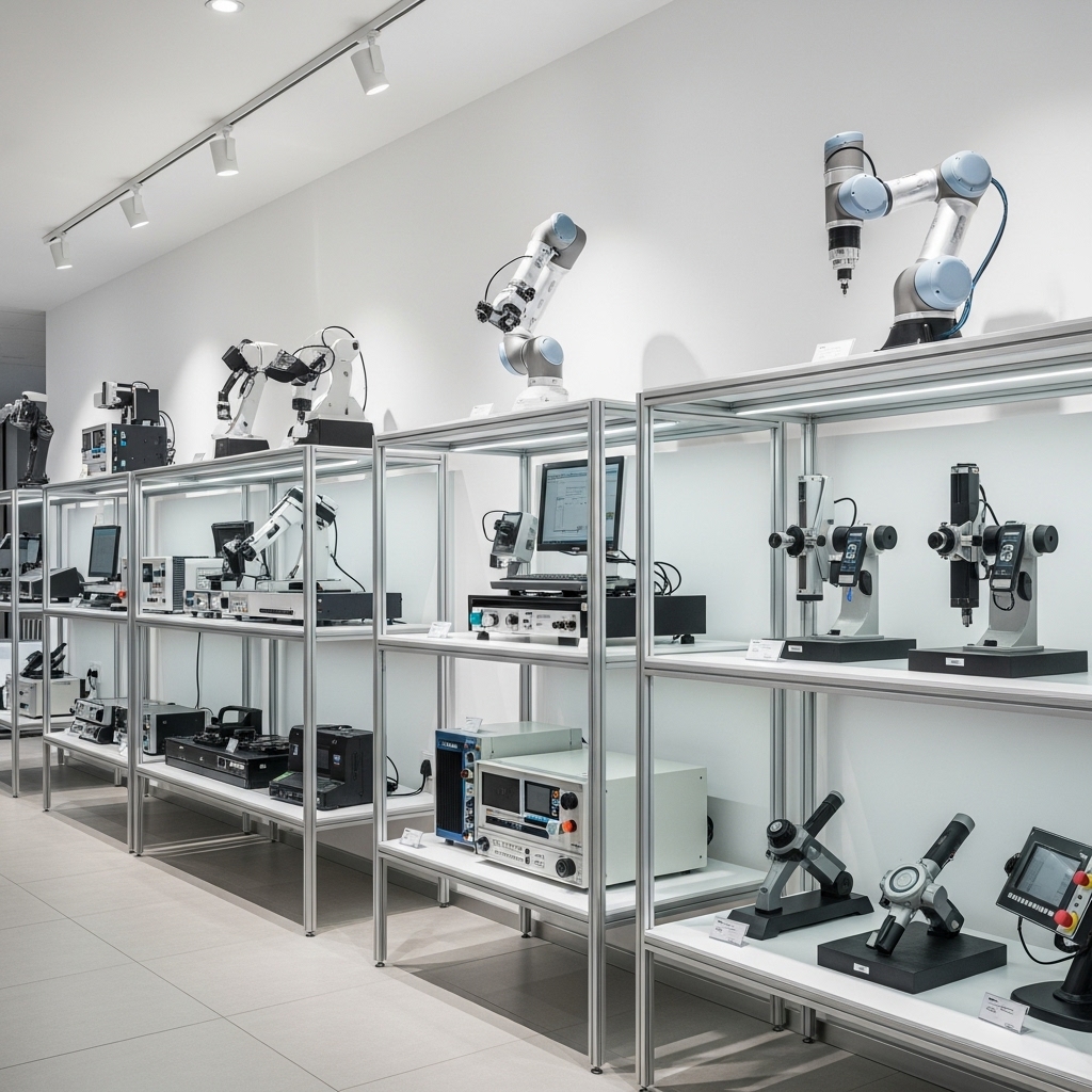 Xu hướng thiết kế kệ trưng bày máy móc hiện đại Kệ trưng bày máy móc hiện đại tích hợp ánh sáng và móc treo