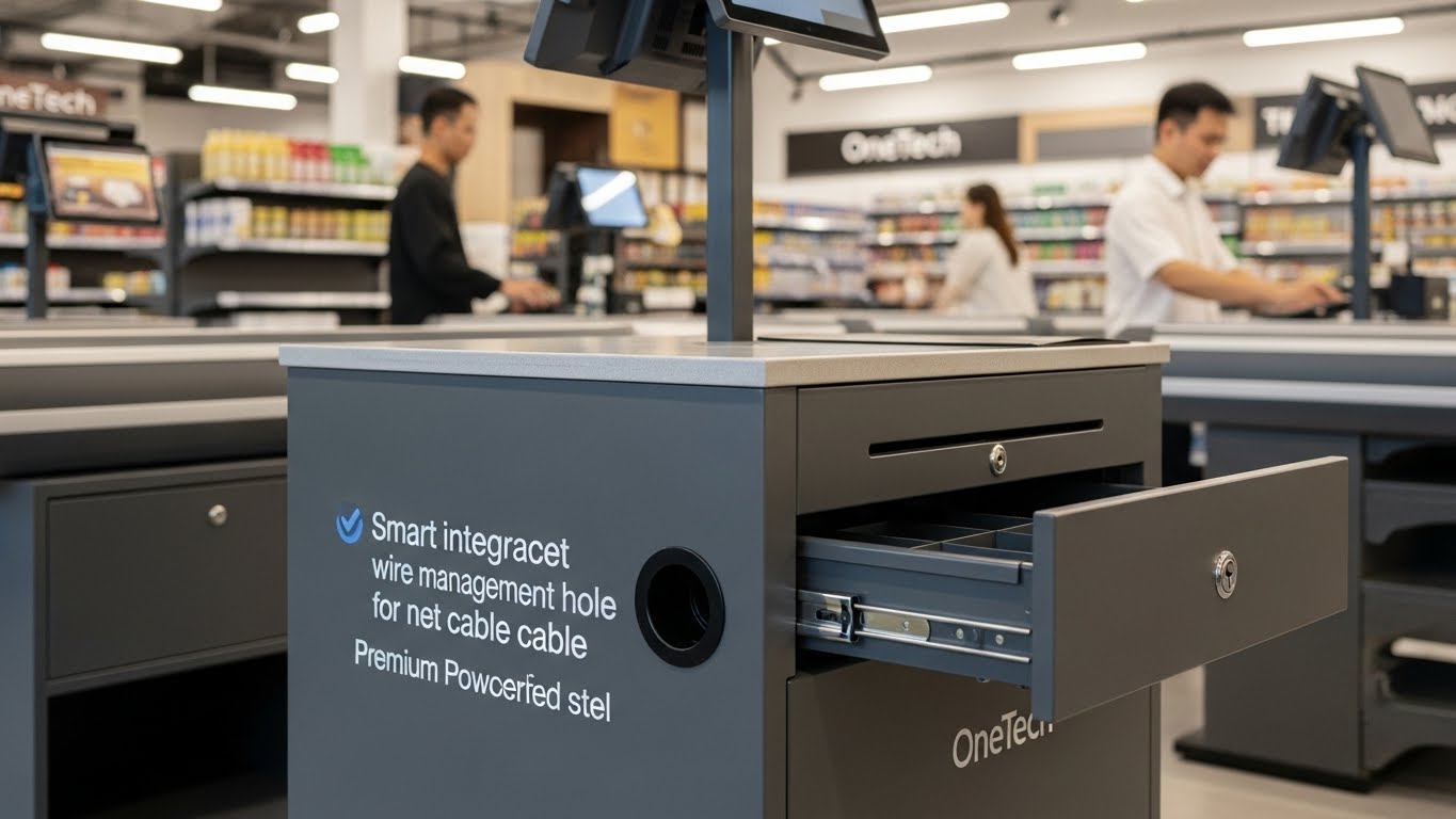 Bàn thu ngân An Giang tích hợp lỗ đi dây và ngăn kéo tiền an toàn