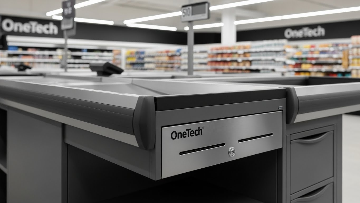 Chi tiết mặt bàn inox và ngăn kéo tiền của bàn thu ngân tại An Giang