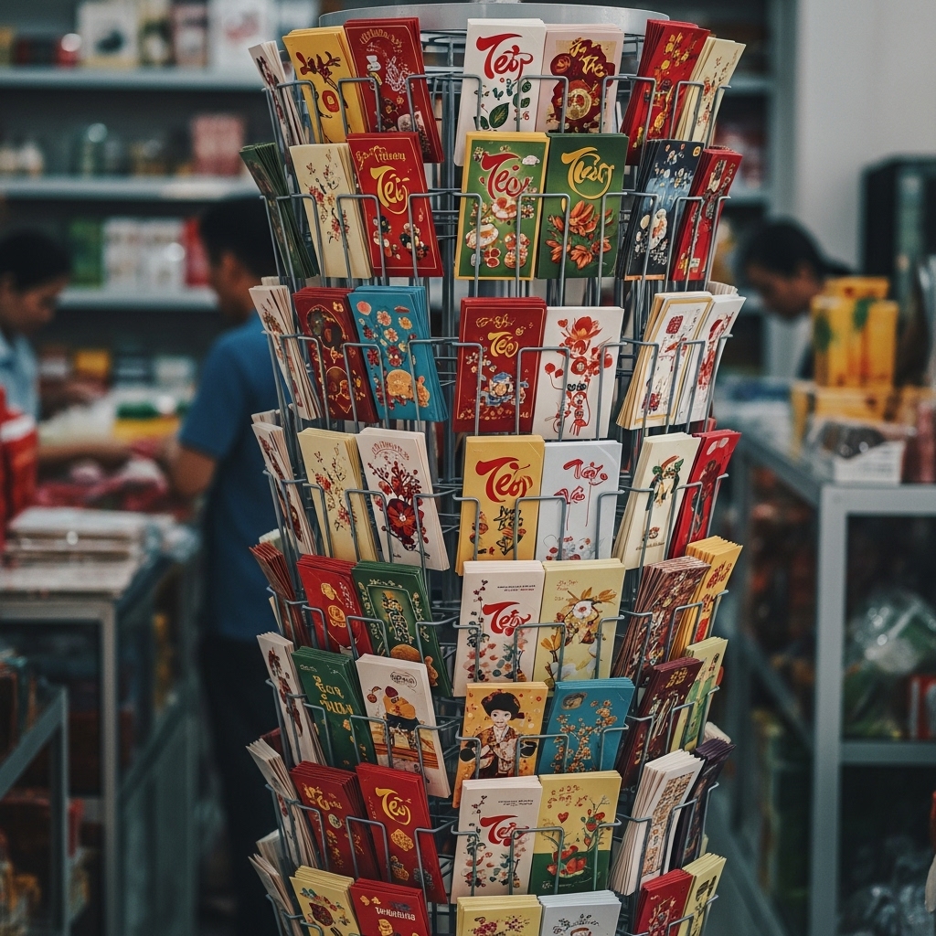 Trưng bày kệ xoay thiệp, phong bao lì xì theo mùa tại An Giang Cách trưng bày kệ xoay thiệp và phong bao lì xì theo mùa Tết Bính Ngọ 2026