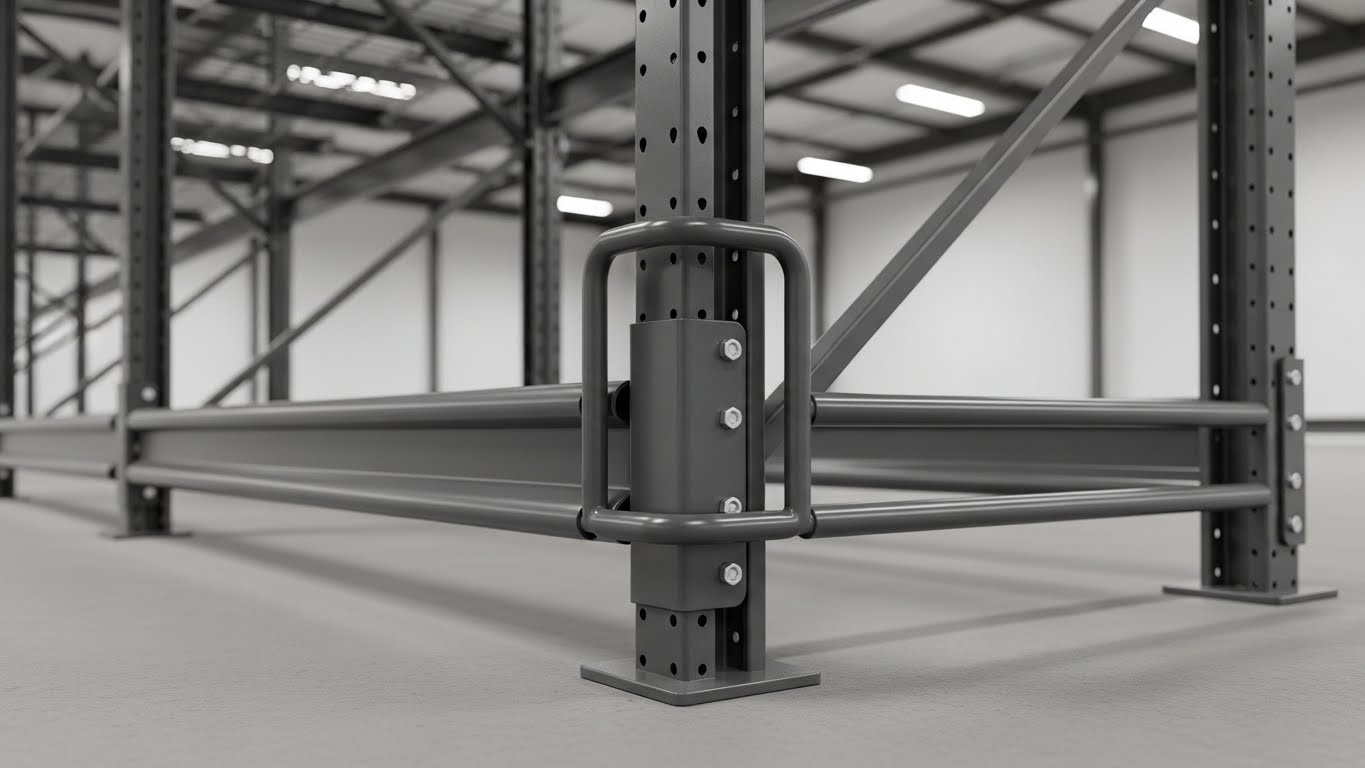 Cận cảnh kết cấu an toàn của kệ hạng nặng OneTech Chi tiết chân trụ Omega và rào chắn bảo vệ