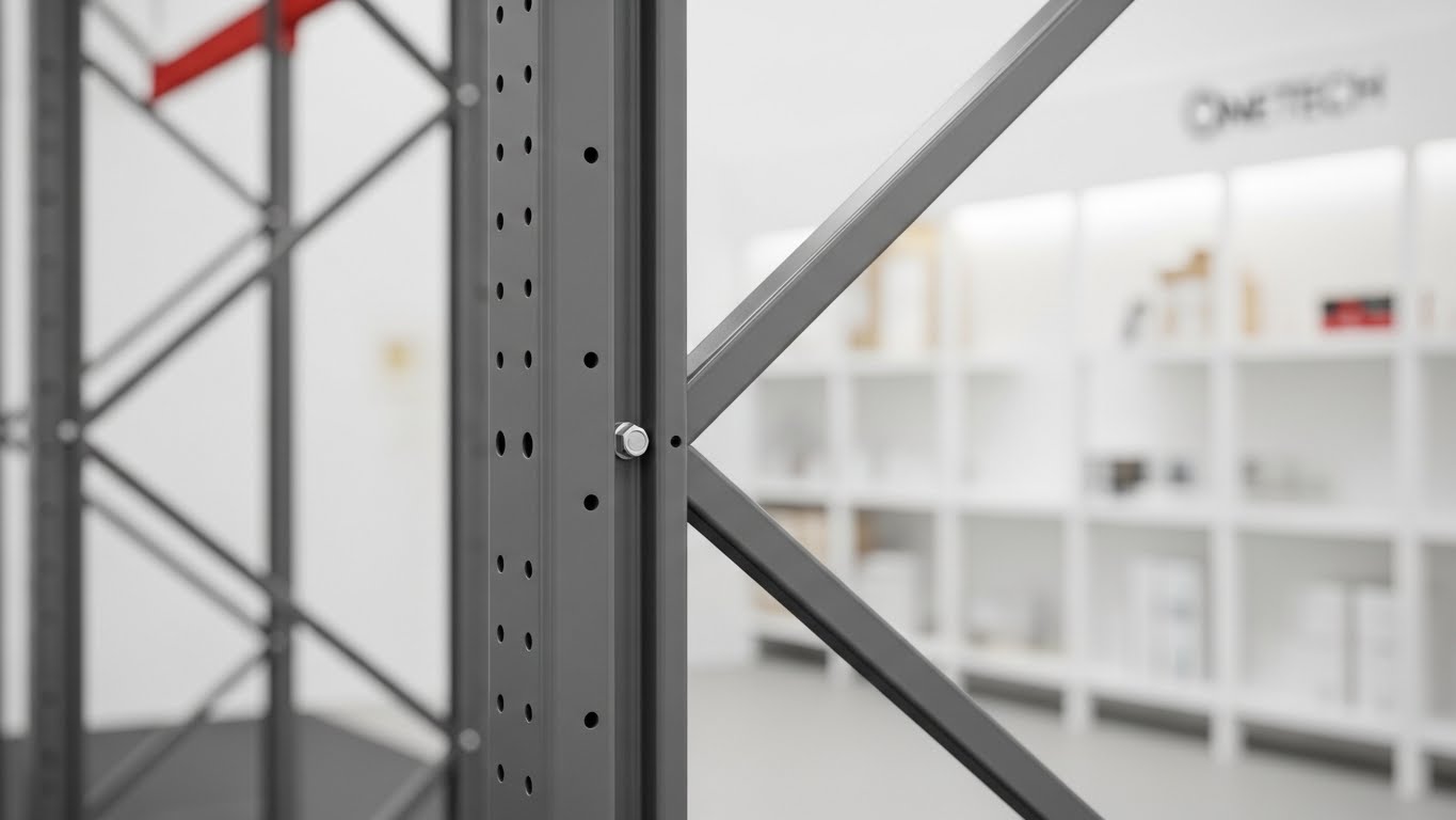 Chi tiết cấu tạo thép chắc chắn của kệ trung tải OneTech Thanh beam và chân trụ Omega của kệ trung tải
