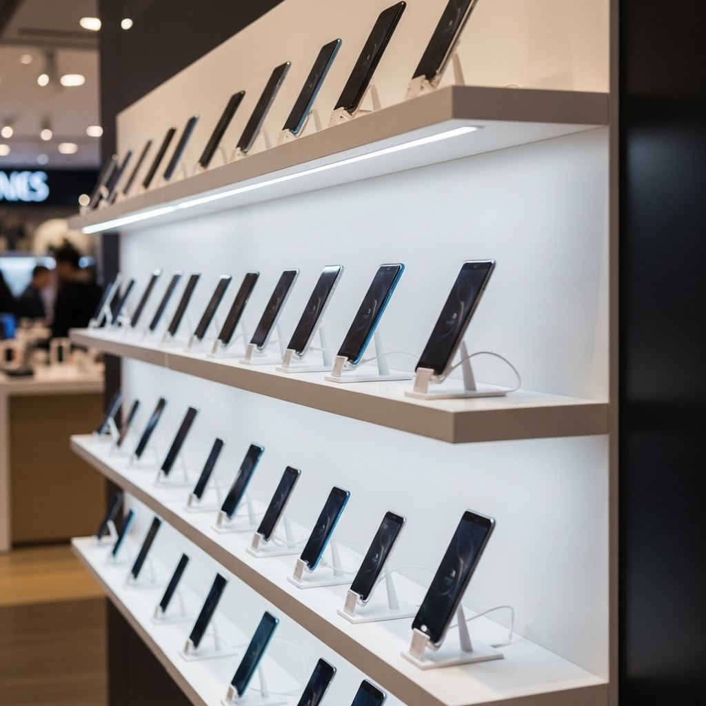 Mẫu kệ áp tường điện thoại hiện đại, tích hợp đèn LED Kệ áp tường trưng bày điện thoại có đèn LED
