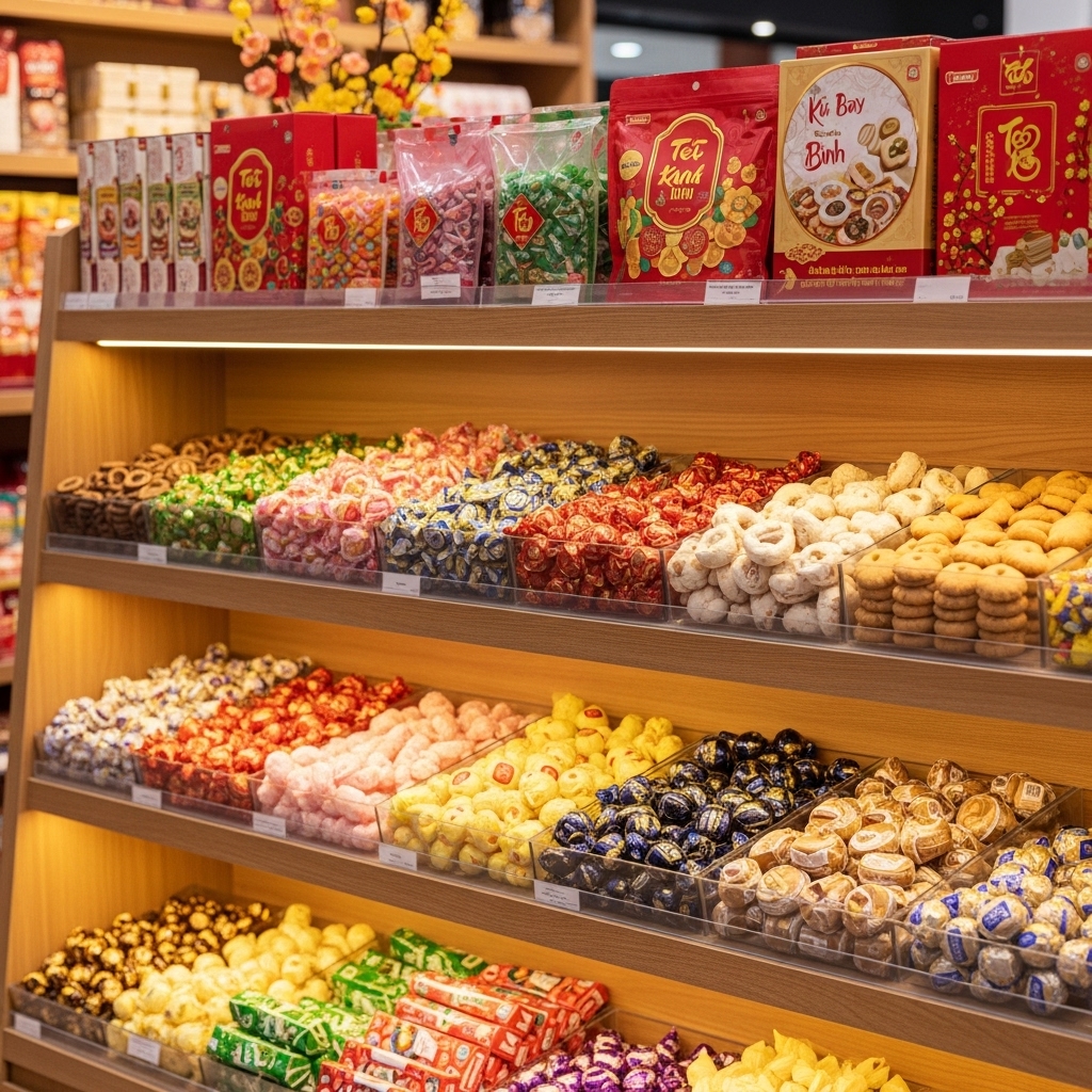 Không gian trưng bày bánh kẹo rực rỡ thu hút khách hàng dịp Tết