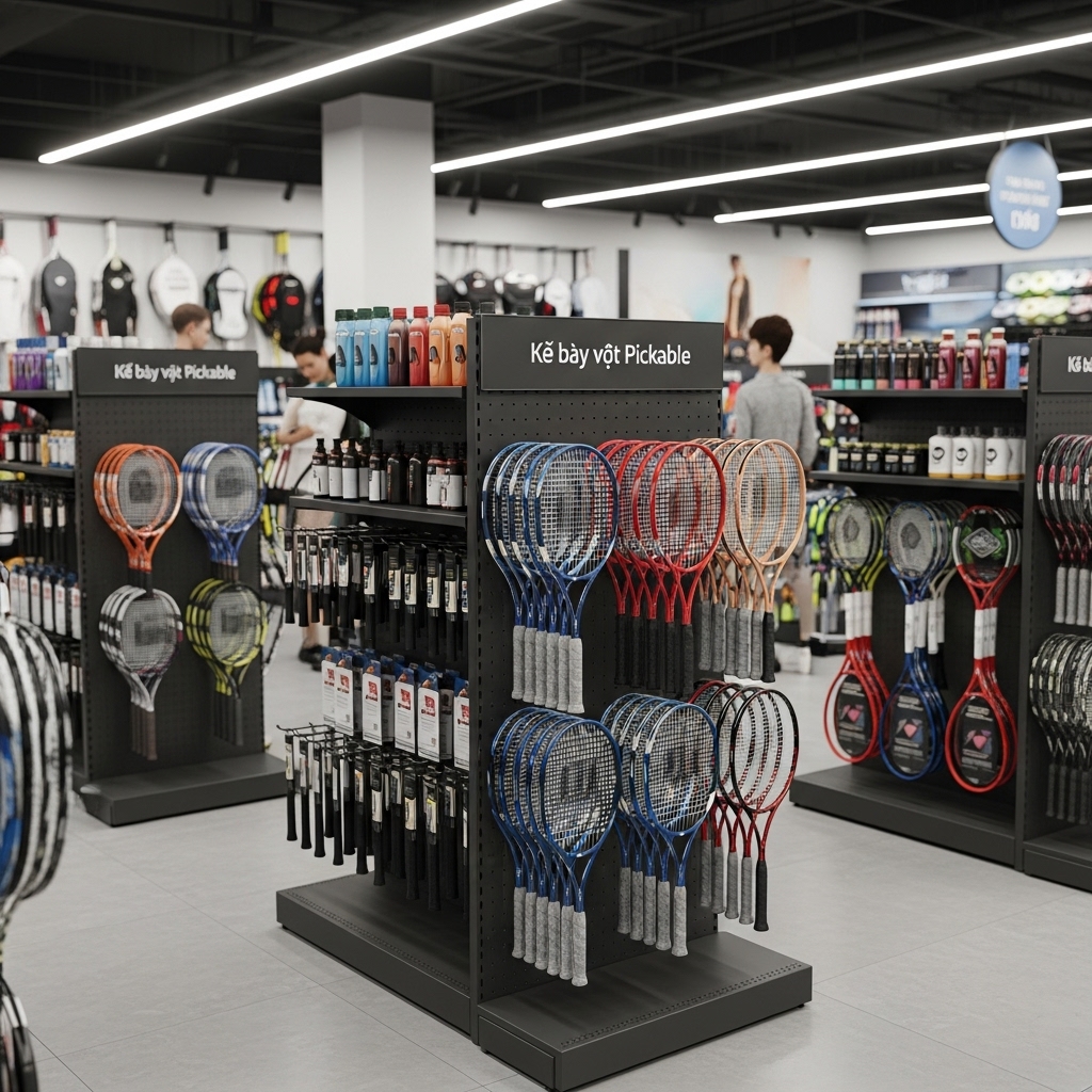 Kệ bày vợt Pickable tối ưu không gian cho cửa hàng thể thao Kệ bày vợt Pickable giúp tối ưu không gian trưng bày