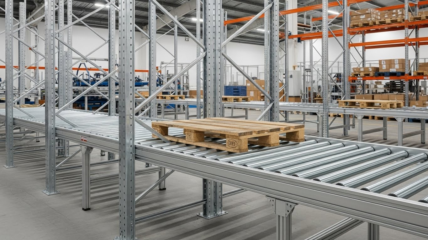 Pallet đang trượt trên hệ thống con lăn trong kho