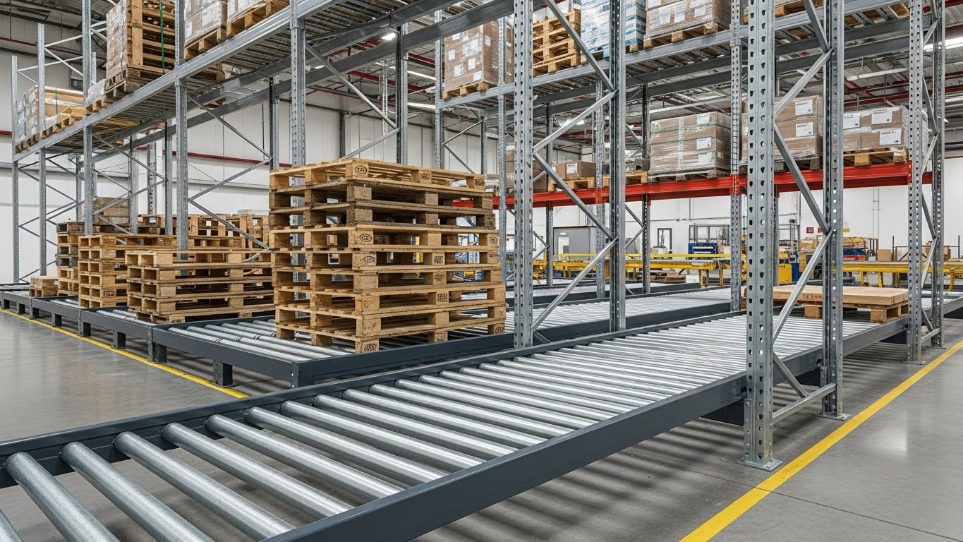 Kệ con lăn ứng dụng nguyên lý FIFO hiệu quả Hệ thống kệ con lăn tự động trượt pallet