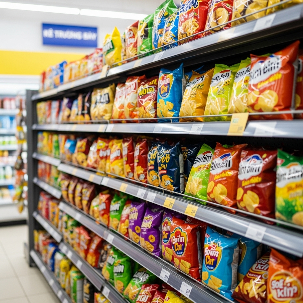 Kệ giỏ mì nhiều tầng trưng bày bim bim snack