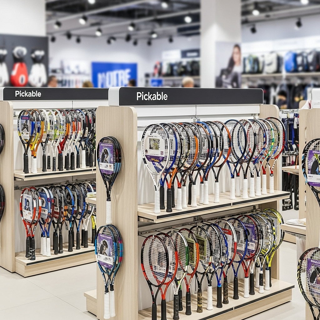 Kệ gỗ công nghiệp bày vợt Pickable cho showroom thể thao Kệ gỗ khung sắt trưng bày vợt Pickable cao cấp