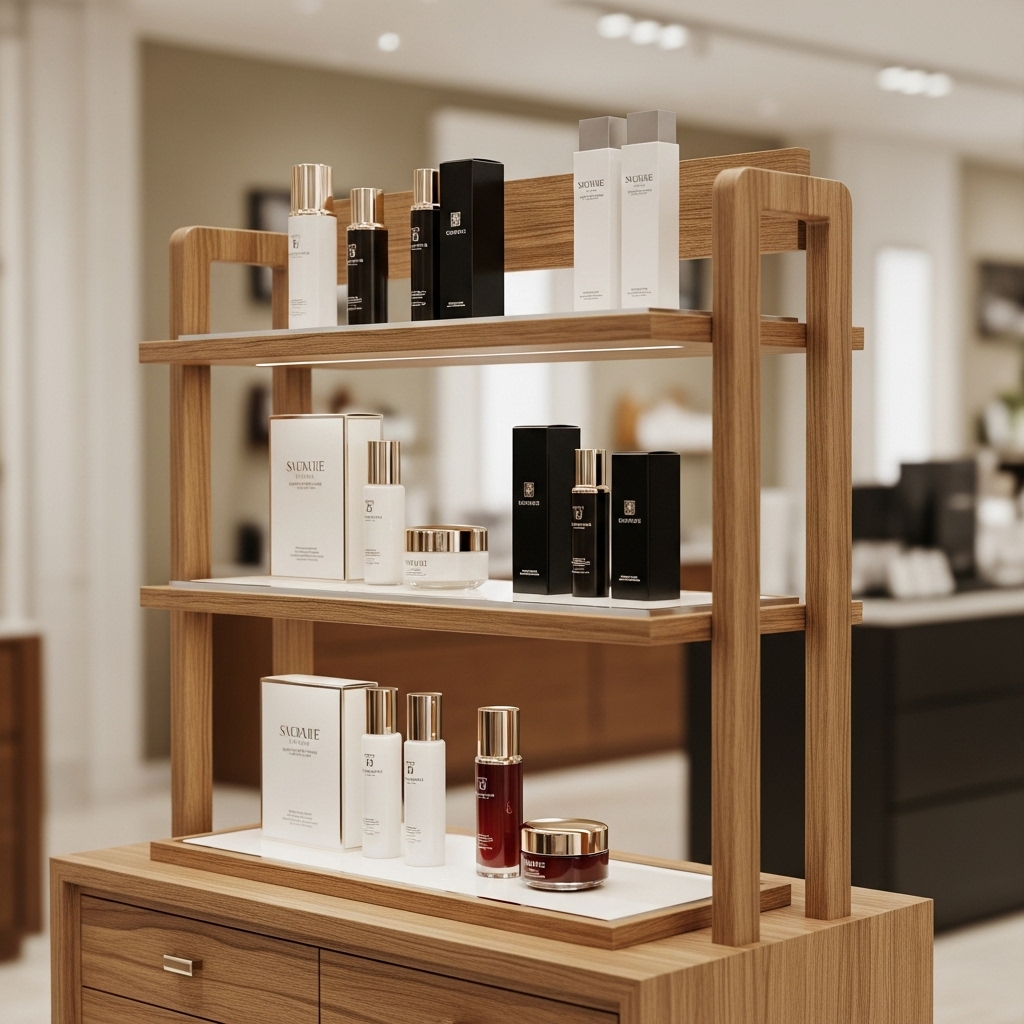 Mẫu kệ gỗ bày hàng mỹ phẩm mang lại vẻ đẹp tự nhiên và cao cấp Kệ gỗ trưng bày mỹ phẩm kết hợp kính cường lực sang trọng