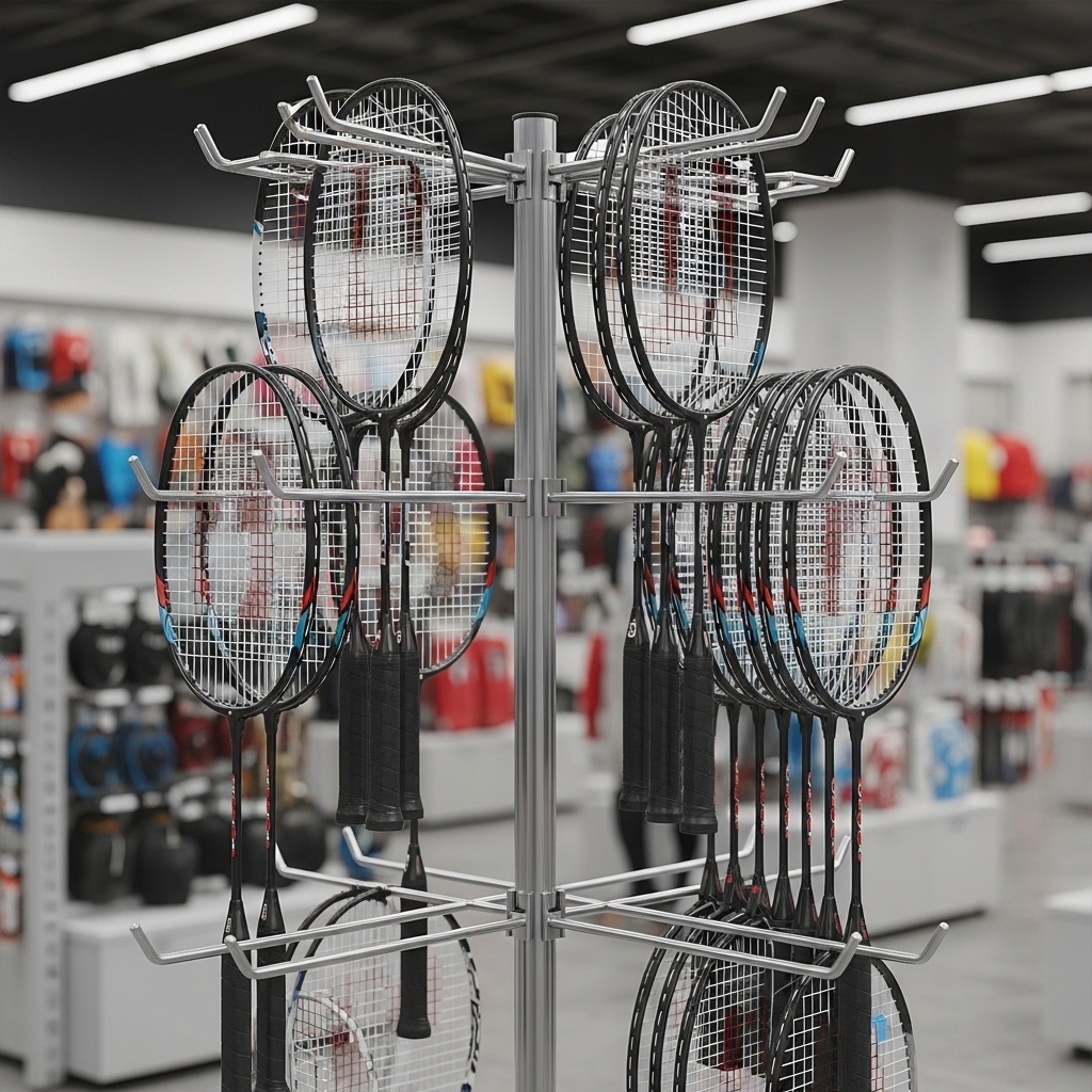 Kệ móc treo đơn đôi trưng bày vợt Pickable Kệ móc treo bày vợt Pickable trong cửa hàng thể thao