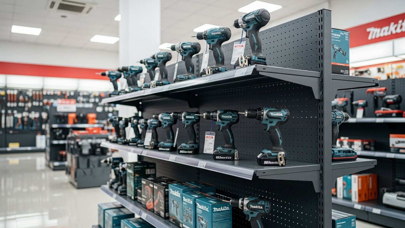 Kệ sắt tôn lỗ quảng cáo máy khoan Makita Kệ sắt tôn lỗ quảng cáo máy khoan Makita