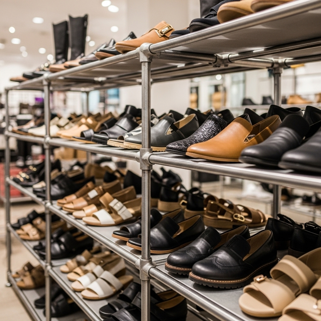 Kệ sắt siêu thị trưng bày giày dép trong cửa hàng