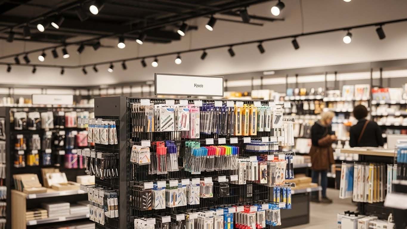 Kệ siêu thị lưng lưới trưng bày bút tại cửa hàng văn phòng phẩm