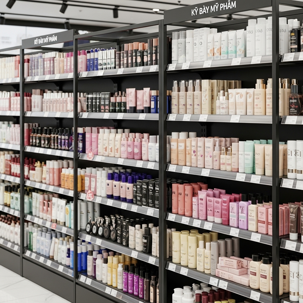 Kệ sắt chịu lực tốt phù hợp cho các siêu thị mỹ phẩm lớn Kệ sắt tôn đục lỗ trưng bày mỹ phẩm và phụ kiện làm đẹp