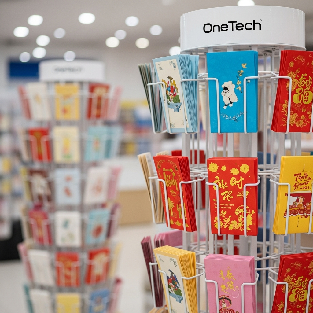 Giải pháp kệ xoay trưng bày thiệp, phong bao lì xì của OneTech An Giang Kệ xoay trưng bày thiệp và phong bao lì xì tại OneTech An Giang