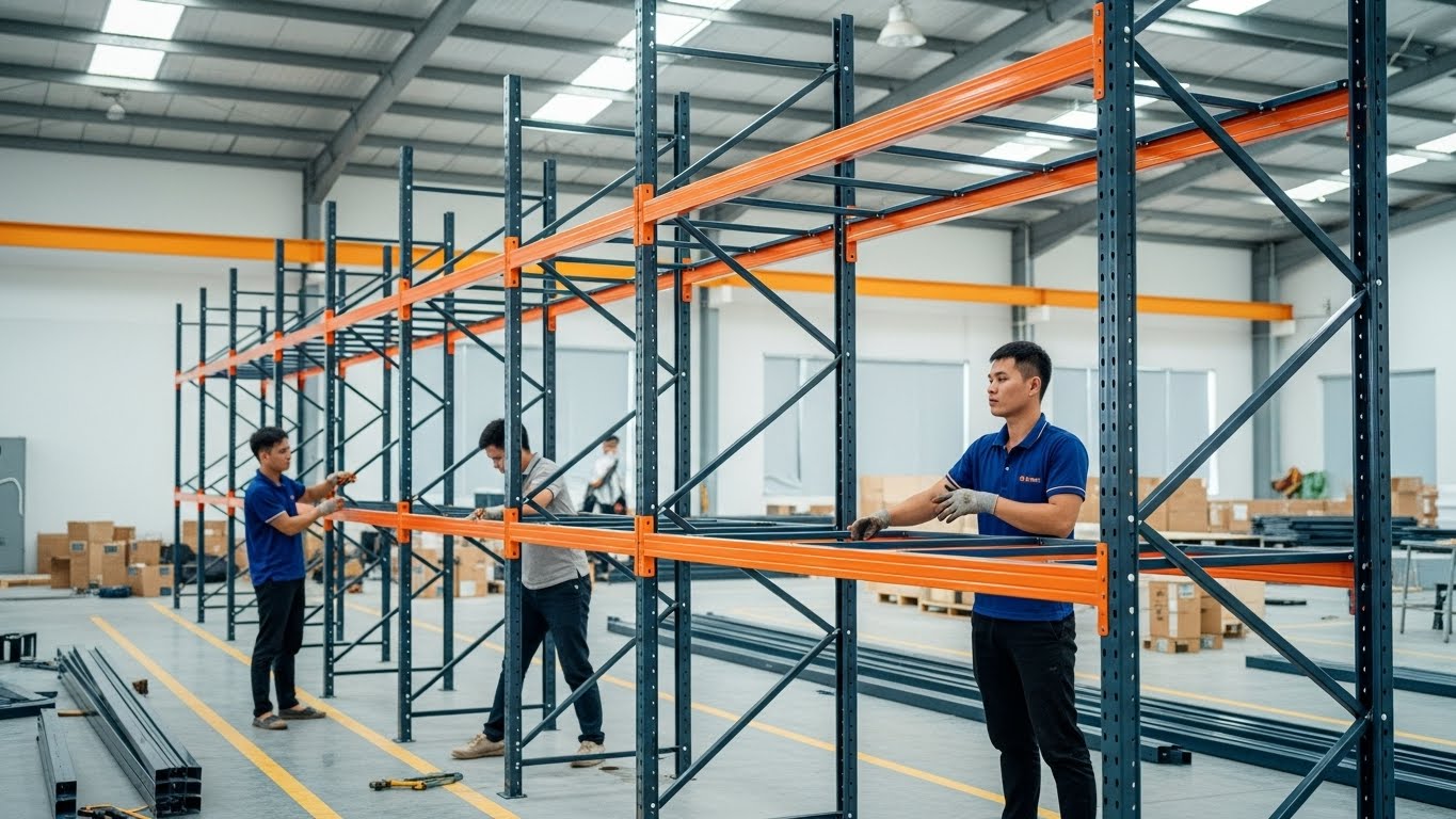 OneTech lắp đặt kệ trung tải tận nơi cho kho hàng An Giang Đội ngũ OneTech lắp đặt kệ trung tải tại An Giang