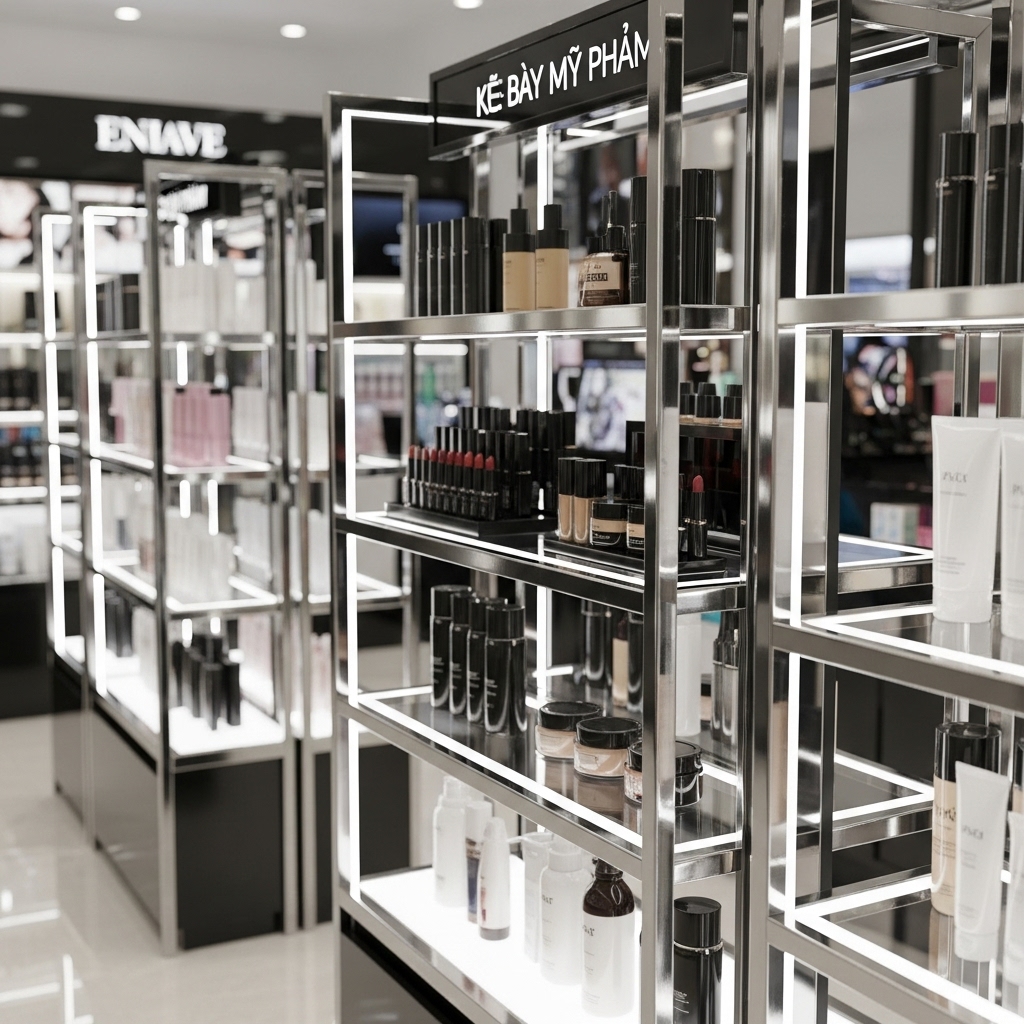 Phối cảnh 3D chọn mẫu kệ phù hợp với thiết kế nội thất cửa hàng Lựa chọn kệ mỹ phẩm dựa trên chất liệu và màu sắc thương hiệu