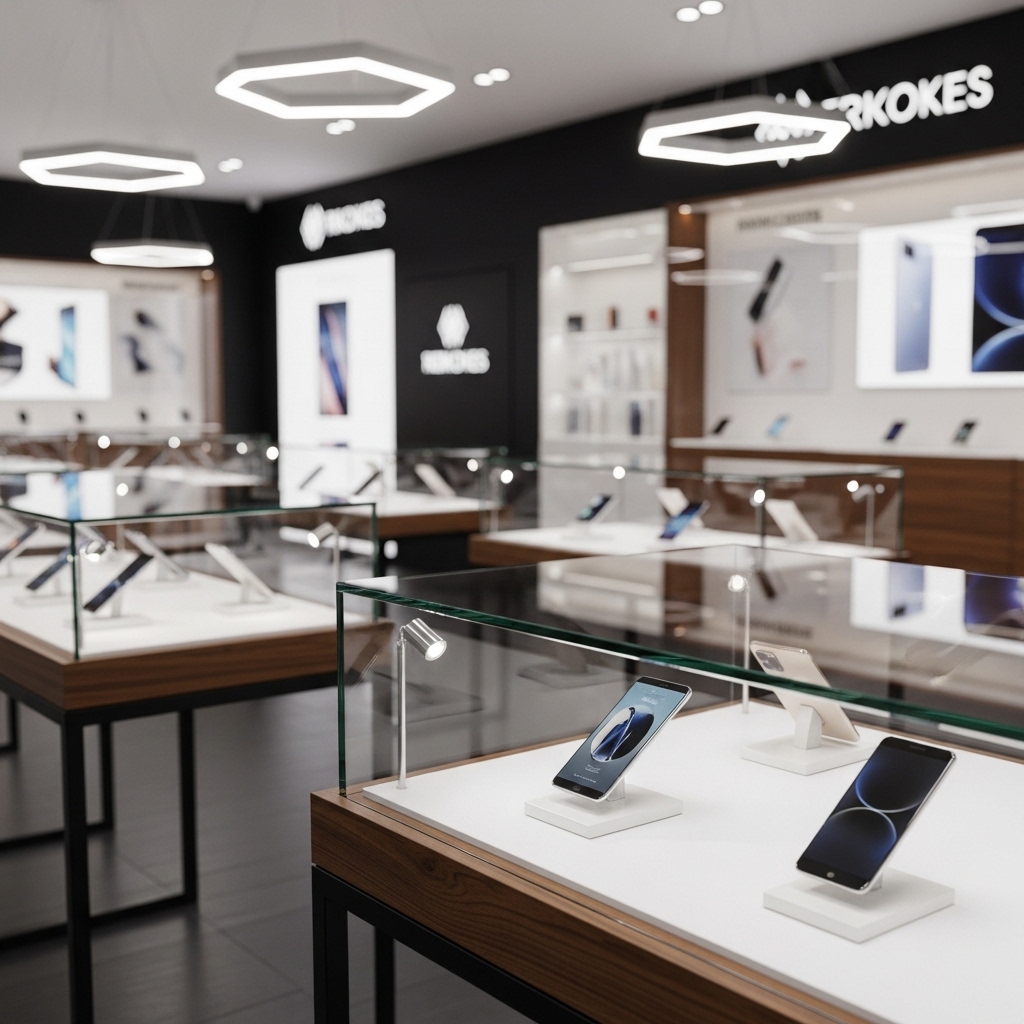 Tủ kính trưng bày điện thoại sang trọng cho showroom Tủ kính trưng bày điện thoại cao cấp