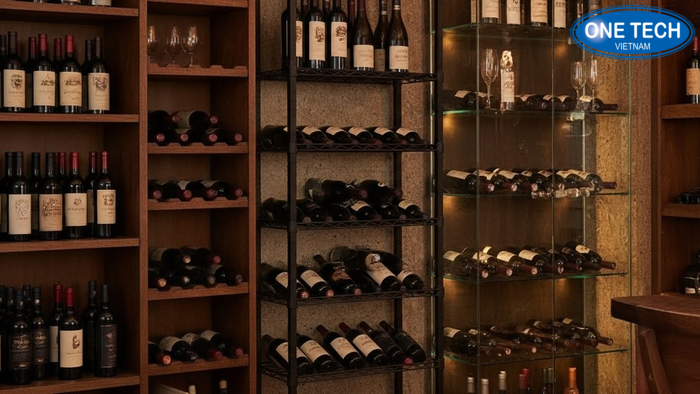 So sánh chất liệu kệ trưng bày rượu Bảng so sánh kệ rượu bằng gỗ, sắt sơn tĩnh điện và kính theo độ bền, thẩm mỹ, vệ sinh