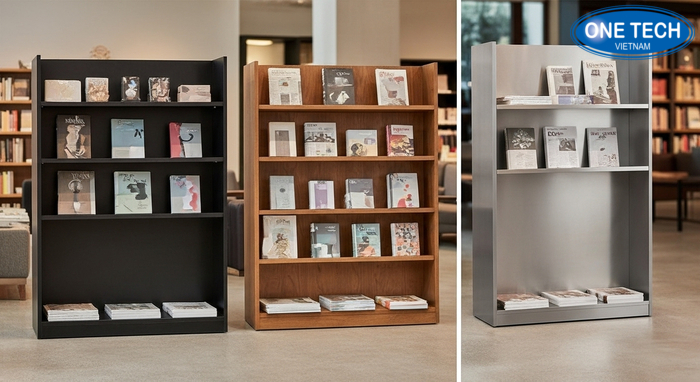 Bảng so sánh chất liệu kệ trưng bày sách báo: gỗ công nghiệp, inox, sắt sơn tĩnh điện