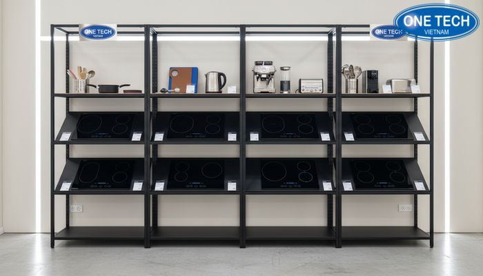 Cách bố trí bếp từ và phụ kiện khoa học trên kệ trưng bày