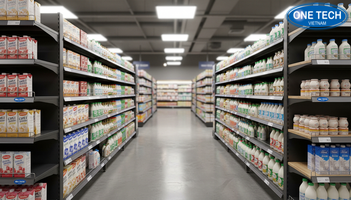 Nhóm mẫu kệ trưng bày sữa kim loại, gỗ, mica