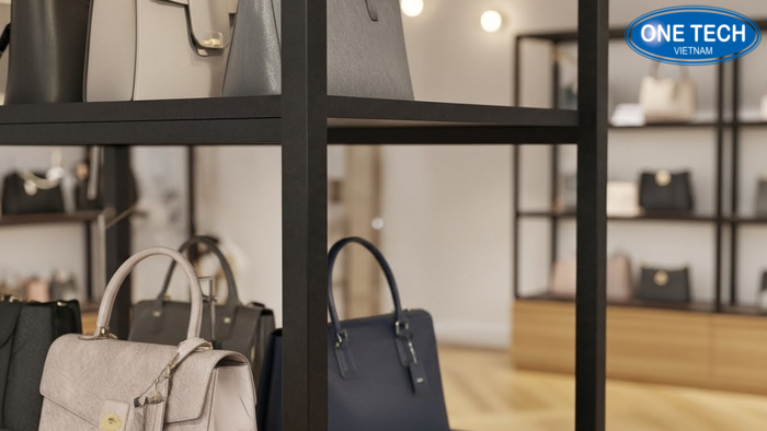 Ke sat son tinh dien trung bay tui xach Cận cảnh khung kệ sắt sơn phủ dùng trưng bày túi xách