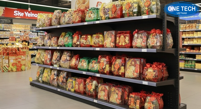 Kệ trưng bày giỏ quà Tết dễ tháo lắp và điều chỉnh tầng Chi tiết cấu tạo kệ trưng bày có thể điều chỉnh khoảng cách tầng