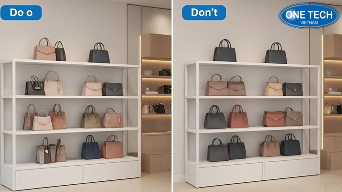 Do dont trung bay tui xach tren ke Hình do và dont khi đặt túi xách trên kệ trưng bày để giữ form