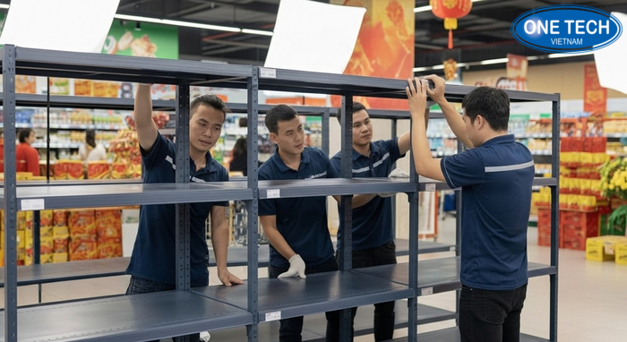 Lắp đặt kệ trưng bày giỏ quà Tết nhanh chóng Đội ngũ kỹ thuật lắp đặt kệ trưng bày tận nơi