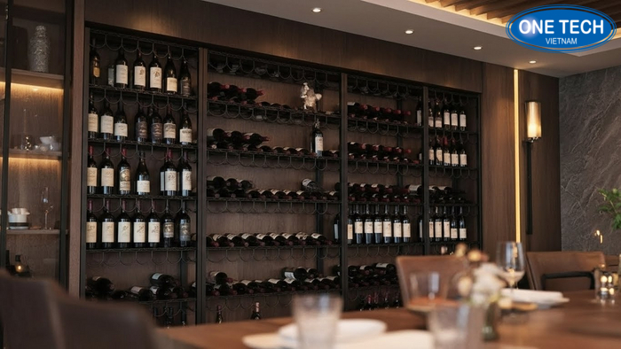 Kệ trưng bày rượu áp tường full mảng Kệ áp tường trưng bày rượu full mảng tường, hình minh họa trước và sau khi bố trí