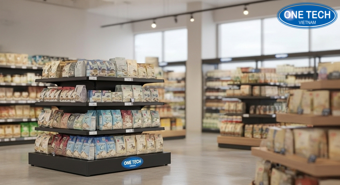 Kệ bậc thang trưng bày gạo tạo điểm nhấn mặt tiền Kệ bậc thang trưng bày gạo theo 3 tầng phân khúc