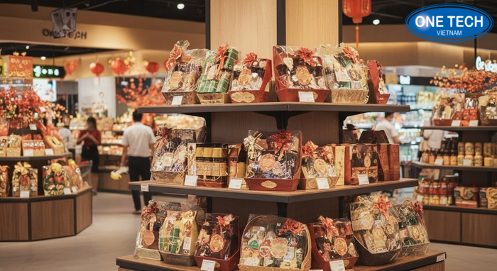 Kệ bậc thang trưng bày giỏ quà Tết Kệ bậc thang trưng bày giỏ quà Tết dễ nhìn từ xa
