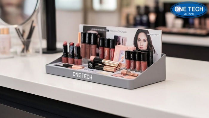 Ke de ban POS tai quay thu ngan cho son sample hang khuyen mai