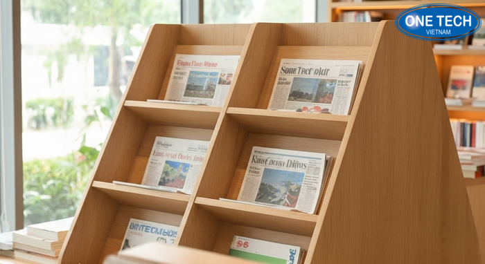 Kệ để báo tạp chí gỗ công nghiệp GHS-2552 trưng bày mặt bìa