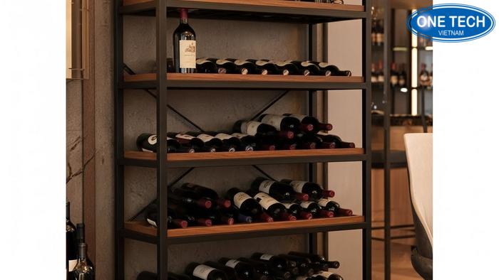 Kệ rượu phối gỗ sang trọng Kệ đứng phối gỗ trưng bày chai rượu tạo cảm giác cao cấp và ấm