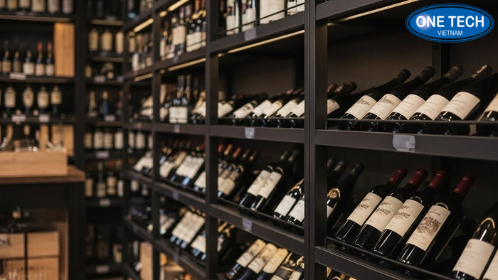 Đèn LED hắt sáng cho kệ rượu trưng bày Kệ trưng bày rượu gắn LED hắt sáng giúp nhãn chai nổi bật khi khách đứng xem