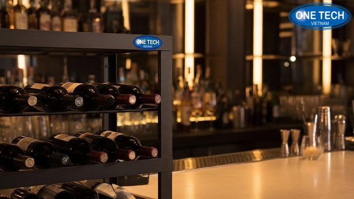 Kệ rượu sơn tĩnh điện cho quầy bar Cận cảnh kệ rượu kim loại sơn tĩnh điện tại quầy bar, bố cục gọn và chắc chắn