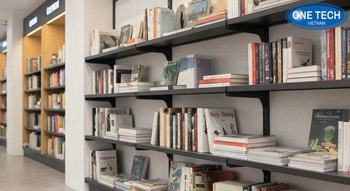 Kệ sách siêu mỏng đặt dọc tường giúp tiết kiệm diện tích trưng bày