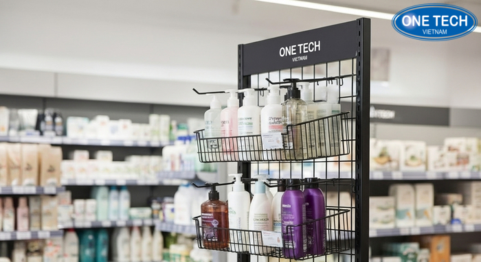 Kệ treo dầu gội dây tại siêu thị mini giúp khách dễ thấy và dễ lấy