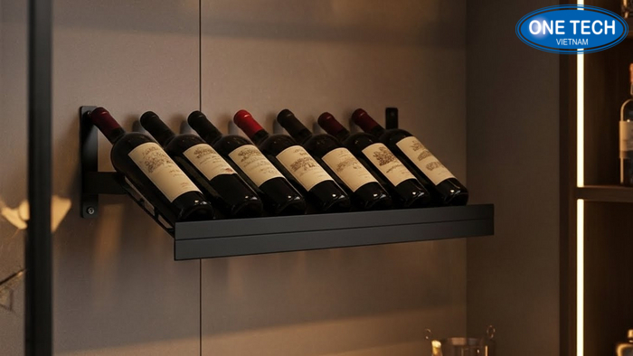 Kệ trưng bày rượu treo tường 1 hàng Kệ treo tường 1 hàng trưng bày rượu, bố cục gọn phù hợp không gian nhỏ