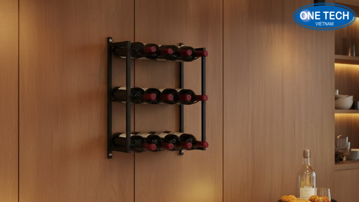 Kệ rượu treo tường 2 hàng Kệ treo tường 2 hàng trưng bày chai rượu, chụp góc 45 độ để thấy độ chắc chắn