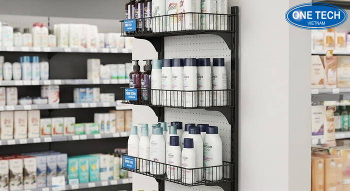 Kệ treo tường cho cửa hàng tạp hóa giúp tiết kiệm không gian trưng bày