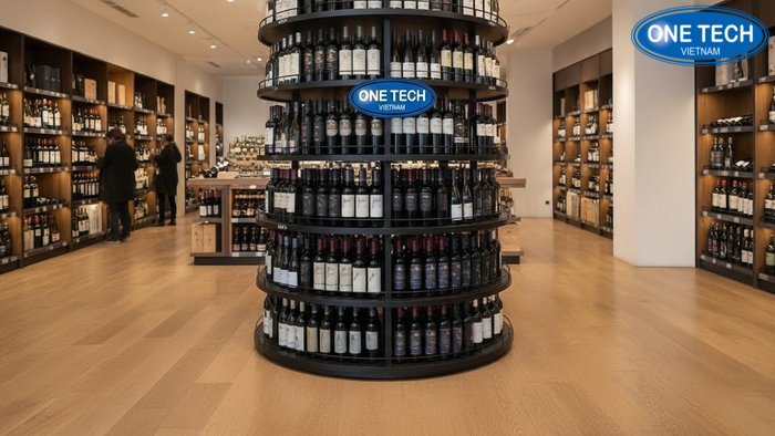 Kệ trưng bày rượu trung tâm dạng tròn Kệ tròn 4 đến 6 tầng đặt giữa cửa hàng rượu giúp khách lựa chọn 360 độ