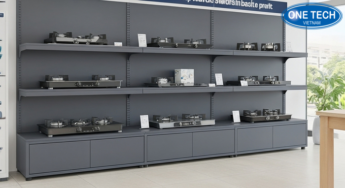 Kệ trưng bày bếp gas trong showroom tại An Giang Kệ trưng bày bếp gas giúp showroom gọn gàng và dễ chọn mẫu