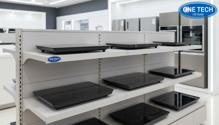 Kệ trưng bày bếp từ tông trắng xám làm nổi thiết bị màu tối
