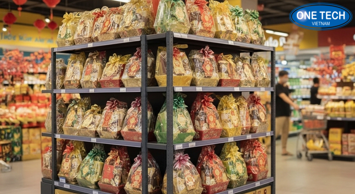 Kệ trưng bày giỏ quà Tết OneTech tại An Giang Mẫu kệ trưng bày giỏ quà Tết thiết kế hiện đại, chắc chắn